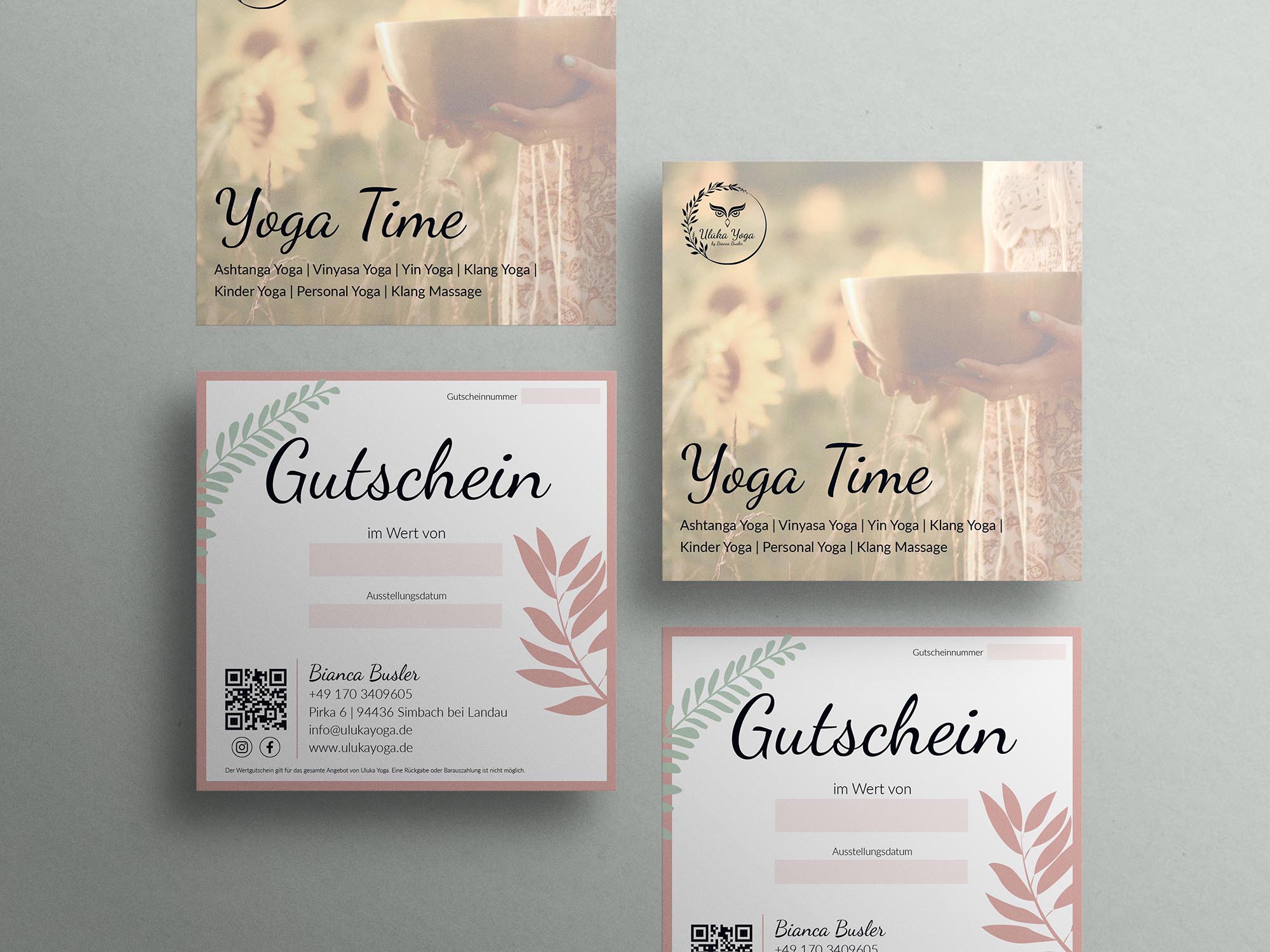Uluka Yoga Gutscheine - Grafikdesign unterschiedlicher Elemente