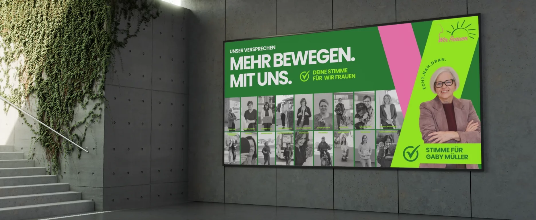 Wahlwerbung für Wir Frauen Pilsting in Form eines Bauzaunbanners